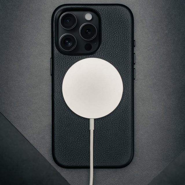 MagSafe charger on the Black Leather Slimline Bumper Case for iPhone 16 Pro Max