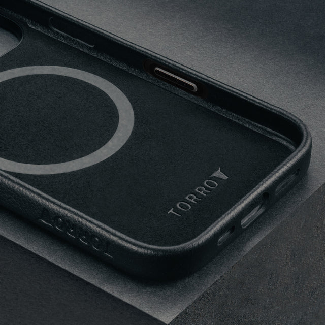 Microfibre lining in the Black Leather Slimline Bumper Case for iPhone 16 Pro Max