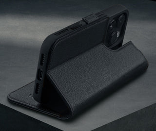Stand function of the Black Leather Case for iPhone 16 Pro Max