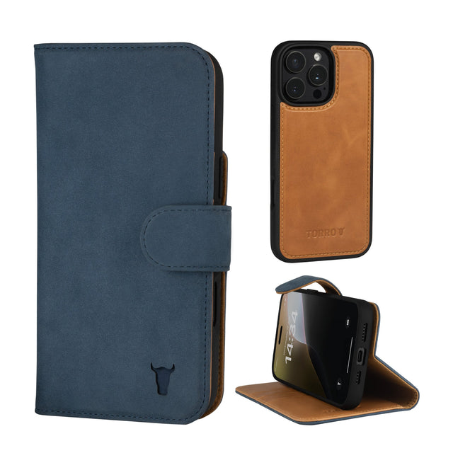 Blue Nubuck Leather Case (with detachable cover) for iPhone 16 Pro