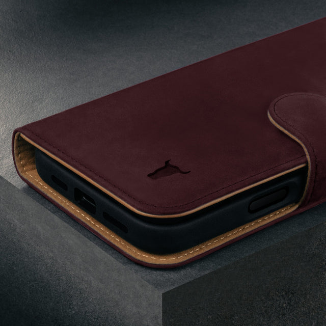 Stand function of the Maroon Nubuck Leather Case (with detachable cover) for iPhone 16 Pro