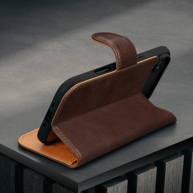 Stand function of the Dark Brown Leather Detachable Case for iPhone 17 Air