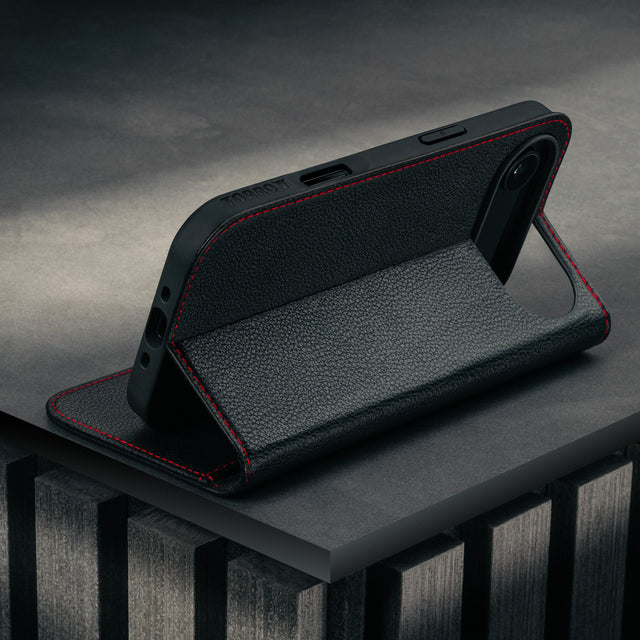 Stand function of the Black (with Red detail) Leather Case for iPhone 17 Air