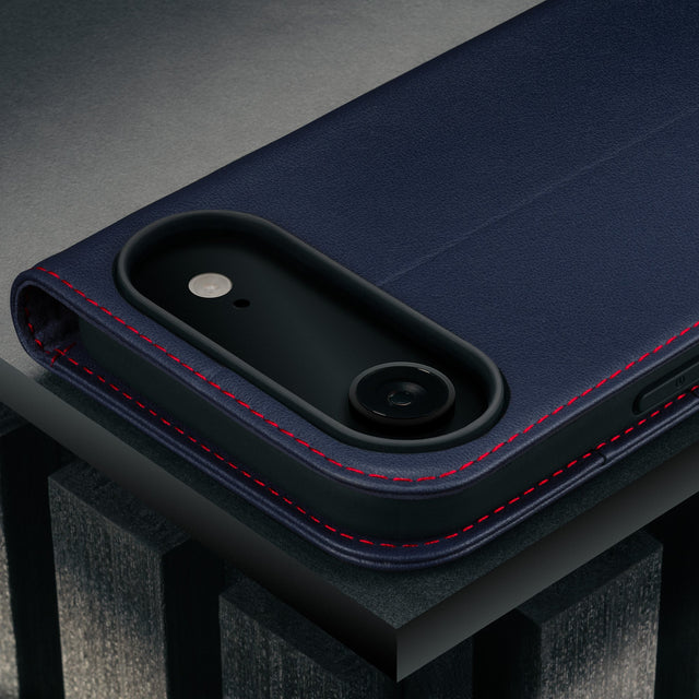 Camera cutout on the Navy Blue Leather Case for iPhone 17 Air