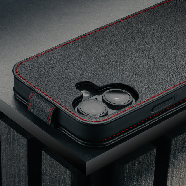 Camera cutout on the Black with Red Stitching Leather Flip Case for iPhone 17