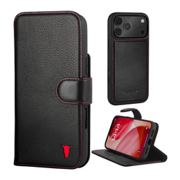 Black with Red Detail Leather Detachable Case for iPhone 17 Pro