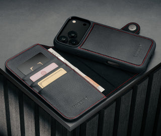 Card holder and detachable cover of the Black with Red Detail Leather Detachable Case for iPhone 17 Pro Max