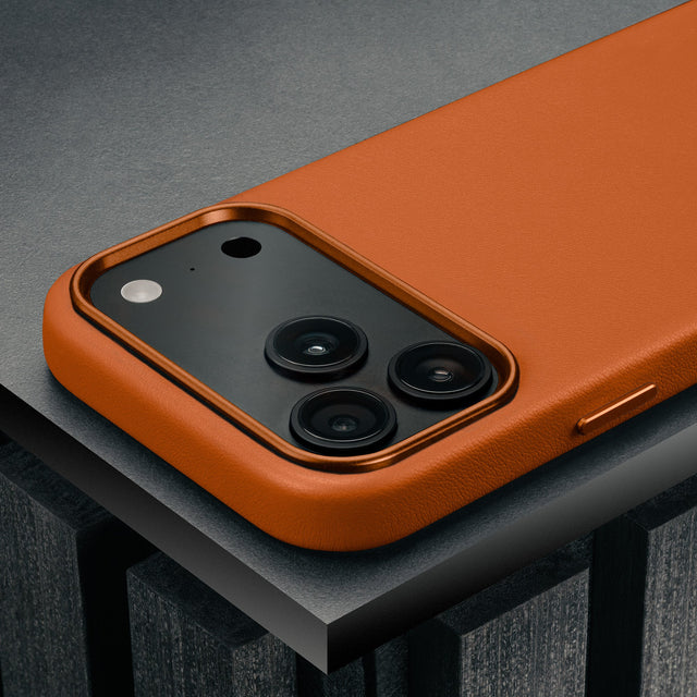 Camera cutout on the Slimline Orange Leather Bumper Case for iPhone 17 Pro Max