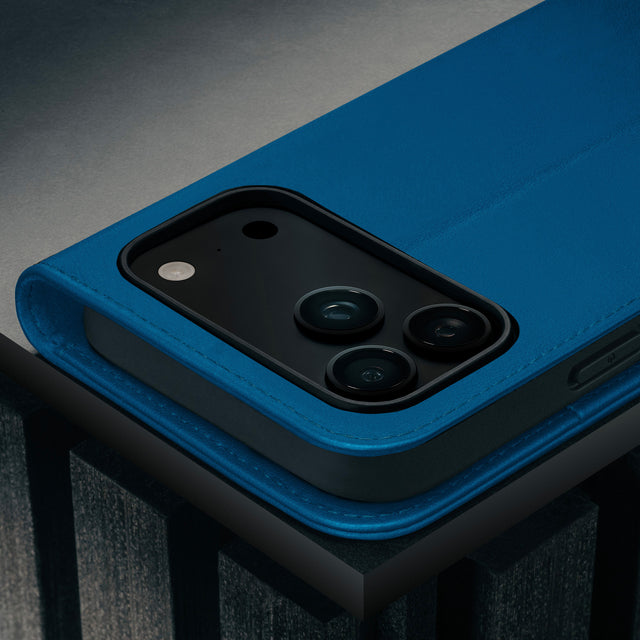 Camera cutout on the Cobalt Blue Leather Case for iPhone 17 Pro Max