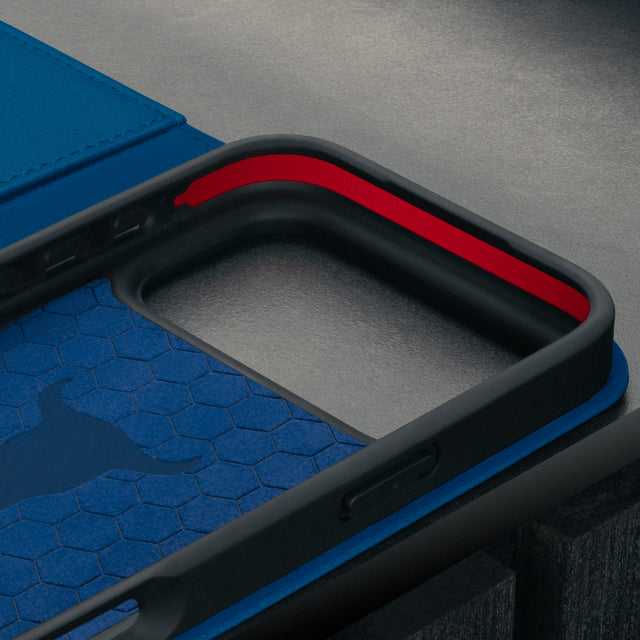 Microfibre lined frame of the Cobalt Blue Leather Case for iPhone 17 Pro Max