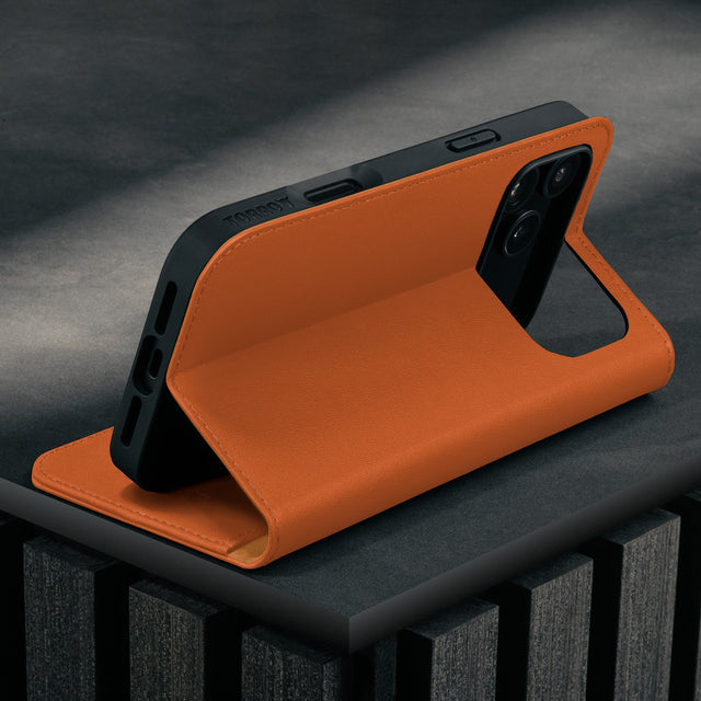 Stand function of the Orange Leather Case for iPhone 17 Pro Max