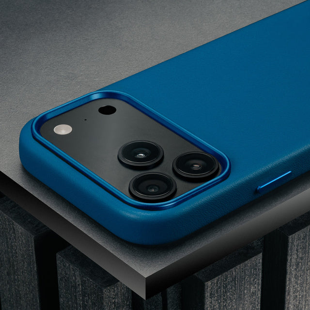 Camera cutout on the Slimline Cobalt Blue Leather Bumper Case for iPhone 17 Pro