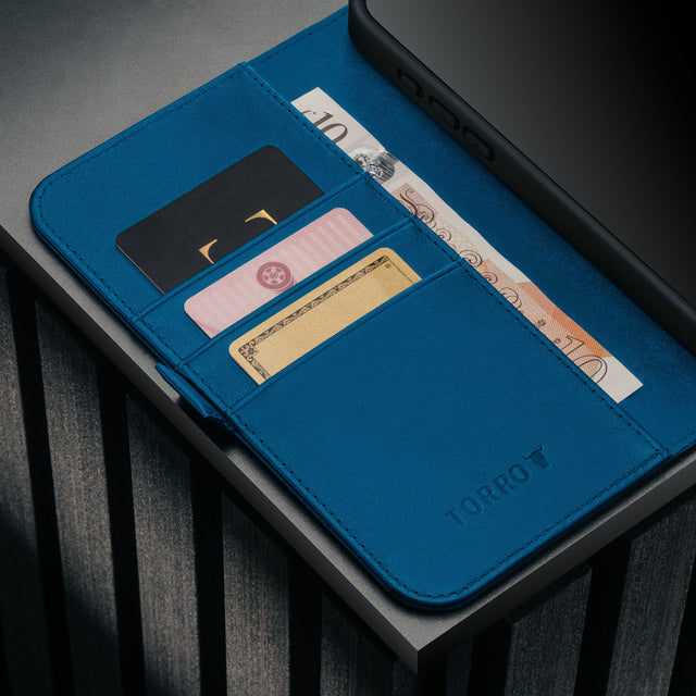 Card holder inside the Cobalt Blue Leather Case for iPhone 17 Pro