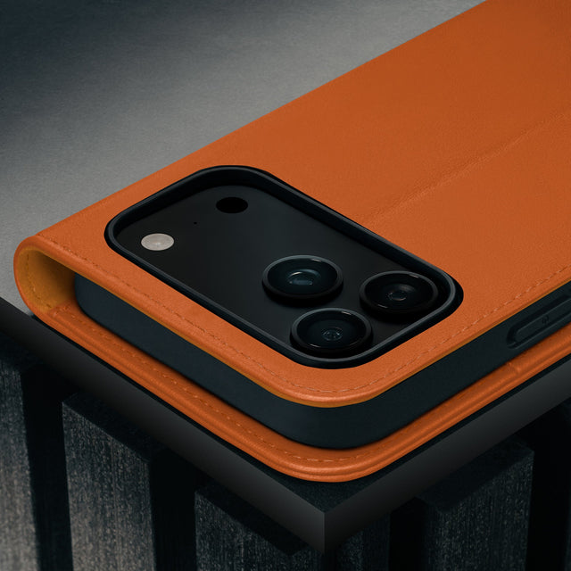Camera cutout of the Stand function of the Orange Leather Case for iPhone 17 Pro Max