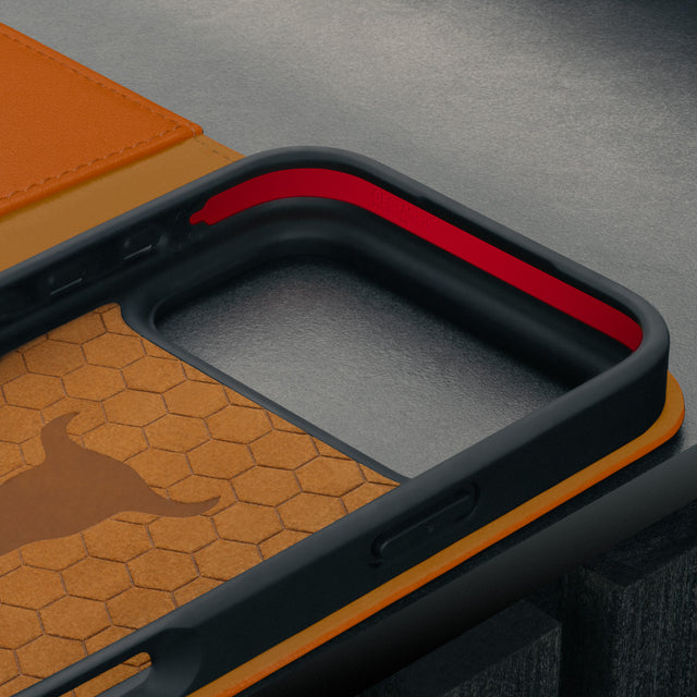 Microfibre lined frame of the Stand function of the Orange Leather Case for iPhone 17 Pro Max