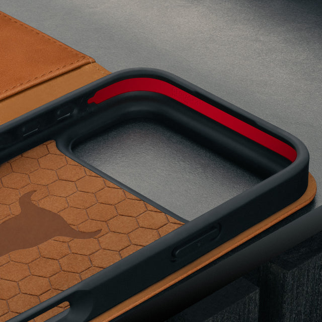 Microfibre lined frame in the Tan Leather Case for iPhone 17 Pro