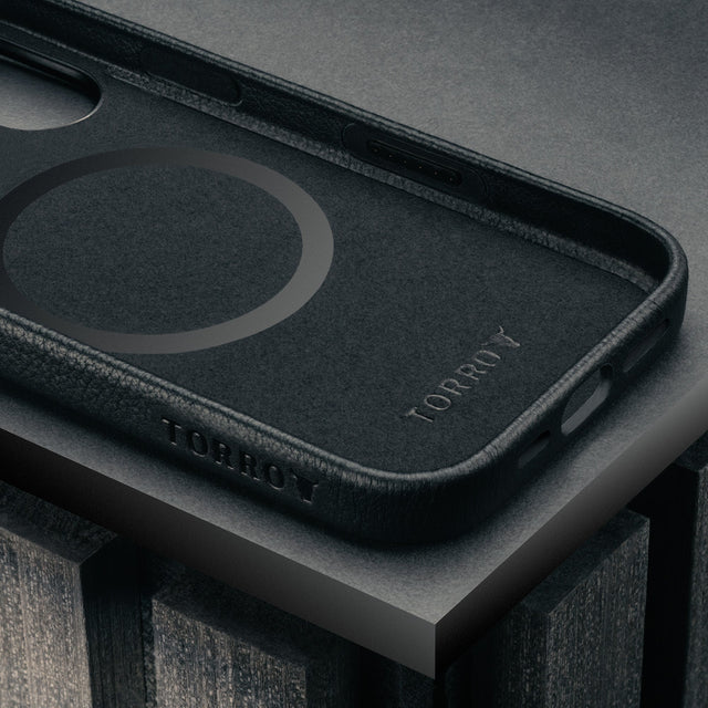 Microfibre lining in the Black Leather Bumper Case for iPhone 17