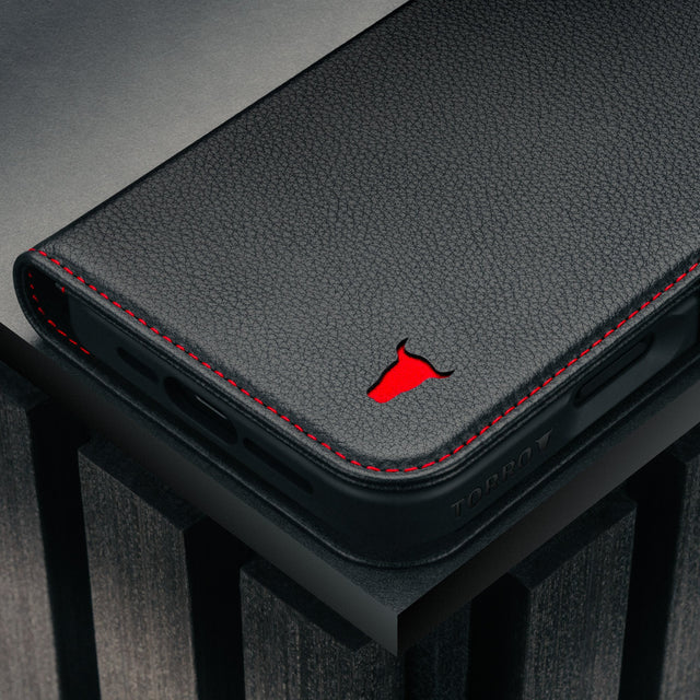 Black (with Red Detail) Leather Case for iPhone 17