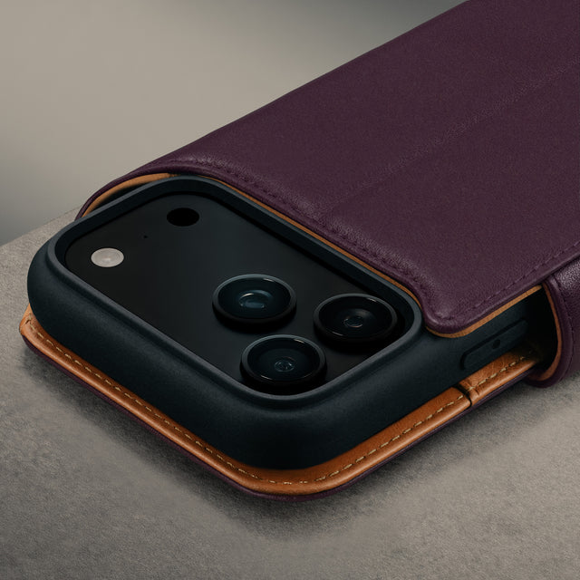 Camera cutout on the Dark Cherry Leather Detachable Case for iPhone 17 Pro Max