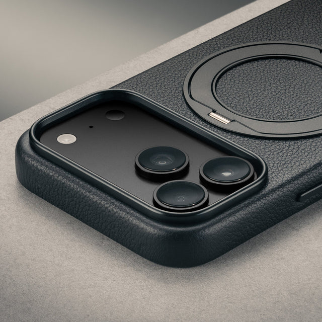 Camera cutout on the Black Leather Bumper Case with Rotating Stand for iPhone 17 Pro