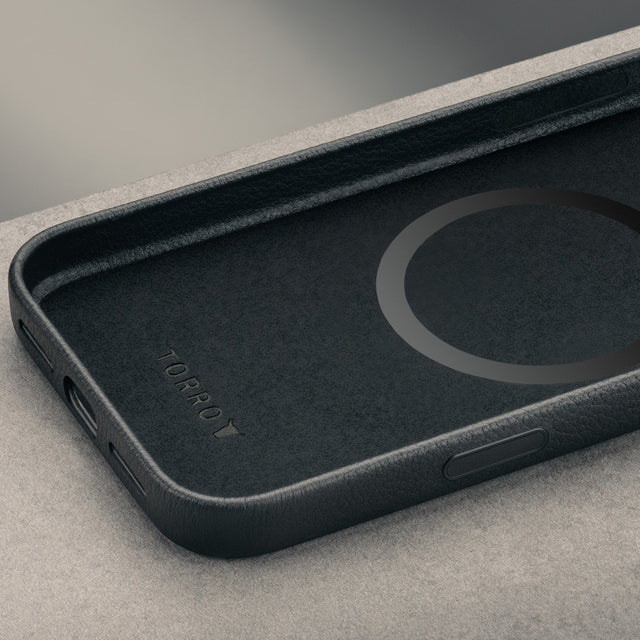 Microfibre lined frame of the Black Leather Bumper Case with Rotating Stand for iPhone 17 Pro