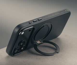Stand function of the Black Leather Bumper Case with Rotating Stand for iPhone 17 Pro
