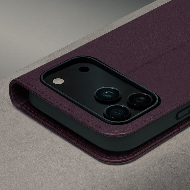 Camera cutout on the Dark Cherry Leather Case for iPhone 17 Pro