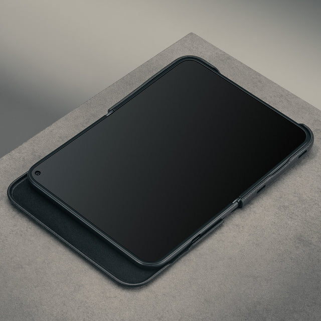 Open phone in landscape mode in the Black with red detail Leather Folio Case (with Rotating Stand) for the iPhone Ultra