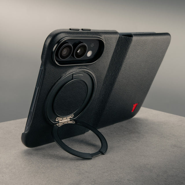 Rotating stand function of the Black with red detail Leather Folio Case (with Rotating Stand) for the iPhone Ultra