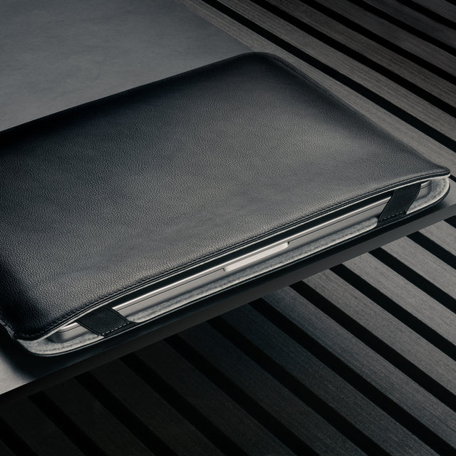 Laptop inside the Black Leather MacBook Pro / MacBook Air Sleeve