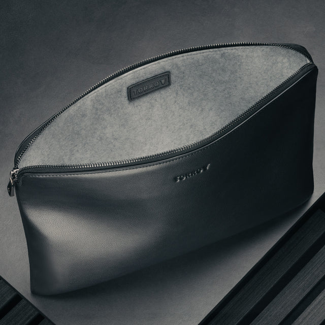 Felt interior of the Black Leather Laptop Sleeve with Zip Closure
