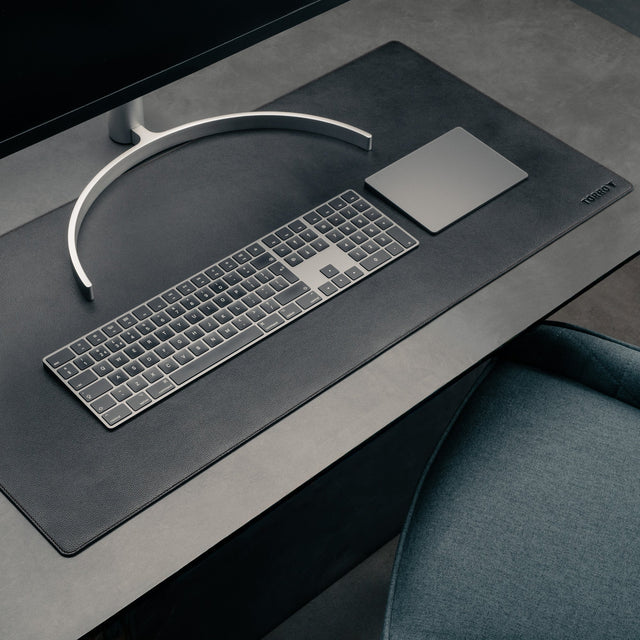 Desk setup with Large Black Leather Desk Mat