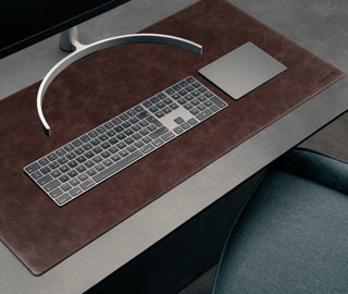 Desk setup with Large Dark Brown Leather Desk Mat