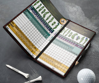 Golf scorecard in the Pro edition of the Black with Red Detail Leather Golf Scorecard Holder