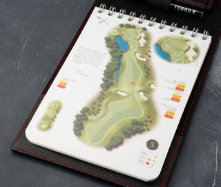 Yardage book in the PRO Edition of the Black with Red Detail Leather Golf Scorecard & Yardage Book Holder