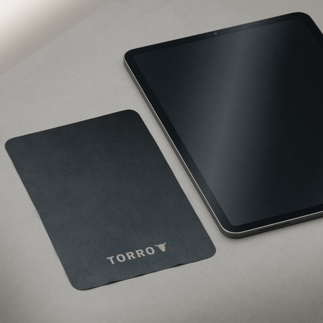 TORRO Premium Microfibre Cleaning Cloth next to iPad.
