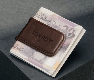 Dark Brown Leather Money Clip with bank notes