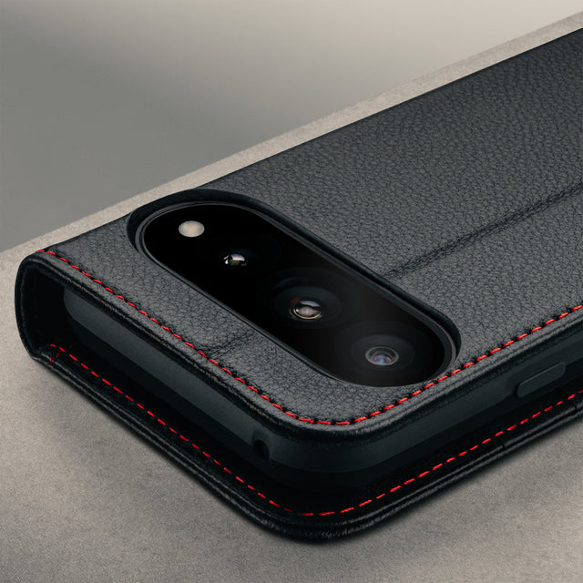 Camera cutout on the Black with Red Stitching Leather Case for the Google Pixel 11