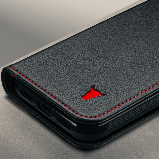 Close up of the Black with Red Stitching Leather Case for the Google Pixel 11