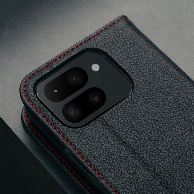 Camera cutout on the Black with Red Detail Leather Case for Google Pixel 9 Pro Fold