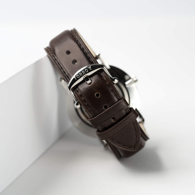 Dark Brown Leather Watch Strap with TORRO branded stainless steel buckle