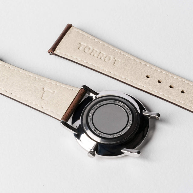 Dark Brown Leather Watch Strap with TORRO branded stainless steel buckle