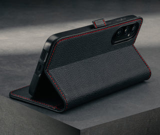 Stand function of the Black with Red Detail Leather Case for Galaxy A16