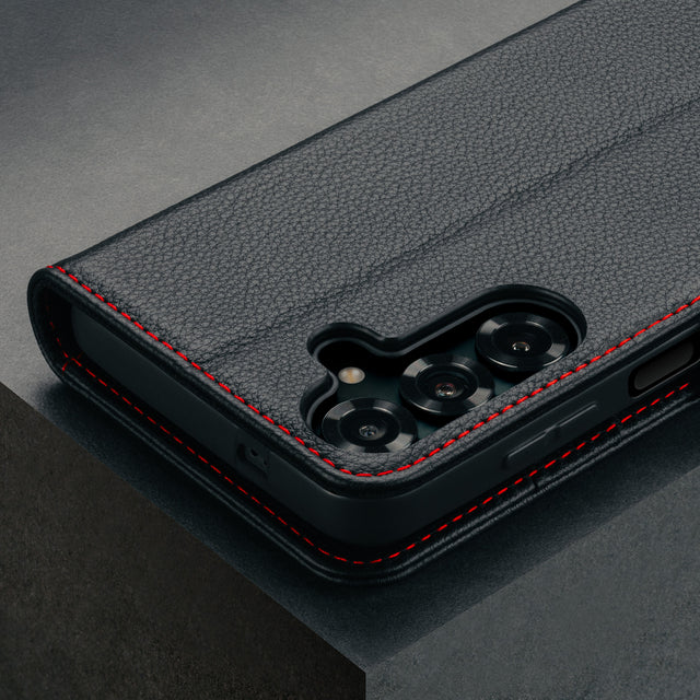 Camera cutout of the Black with Red Detail Leather Case for Galaxy A17