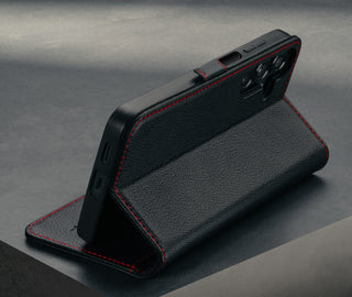 Stand function of the Black with Red Detail Leather Case for Galaxy A17
