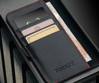 Card slots inside the Black with Red Detail Leather Case for Galaxy A57