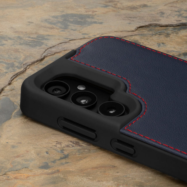 Camera cutout on the Navy Blue Leather Bumper Case for Samsung Galaxy S24
