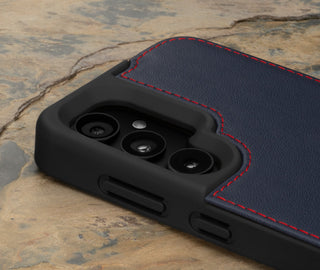 Camera cutout on the Navy Blue Leather Bumper Case for Samsung Galaxy S24