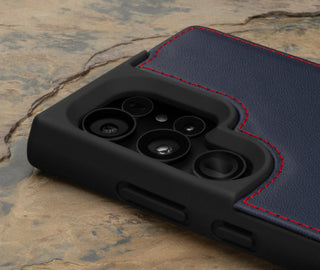 Camera cutout on the Navy Blue Leather Bumper Case for Samsung Galaxy S24 Ultra