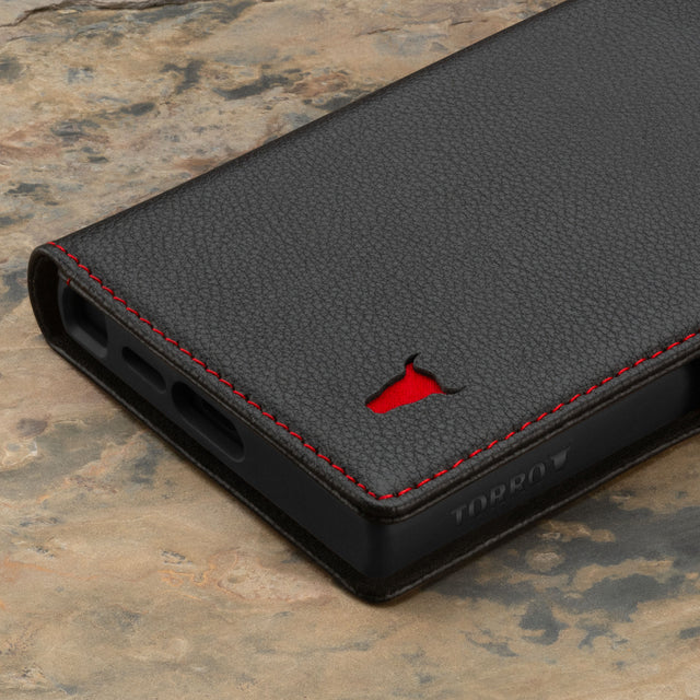 Black with Red Detail Leather Wallet Case for Samsung Galaxy S24 Ultra